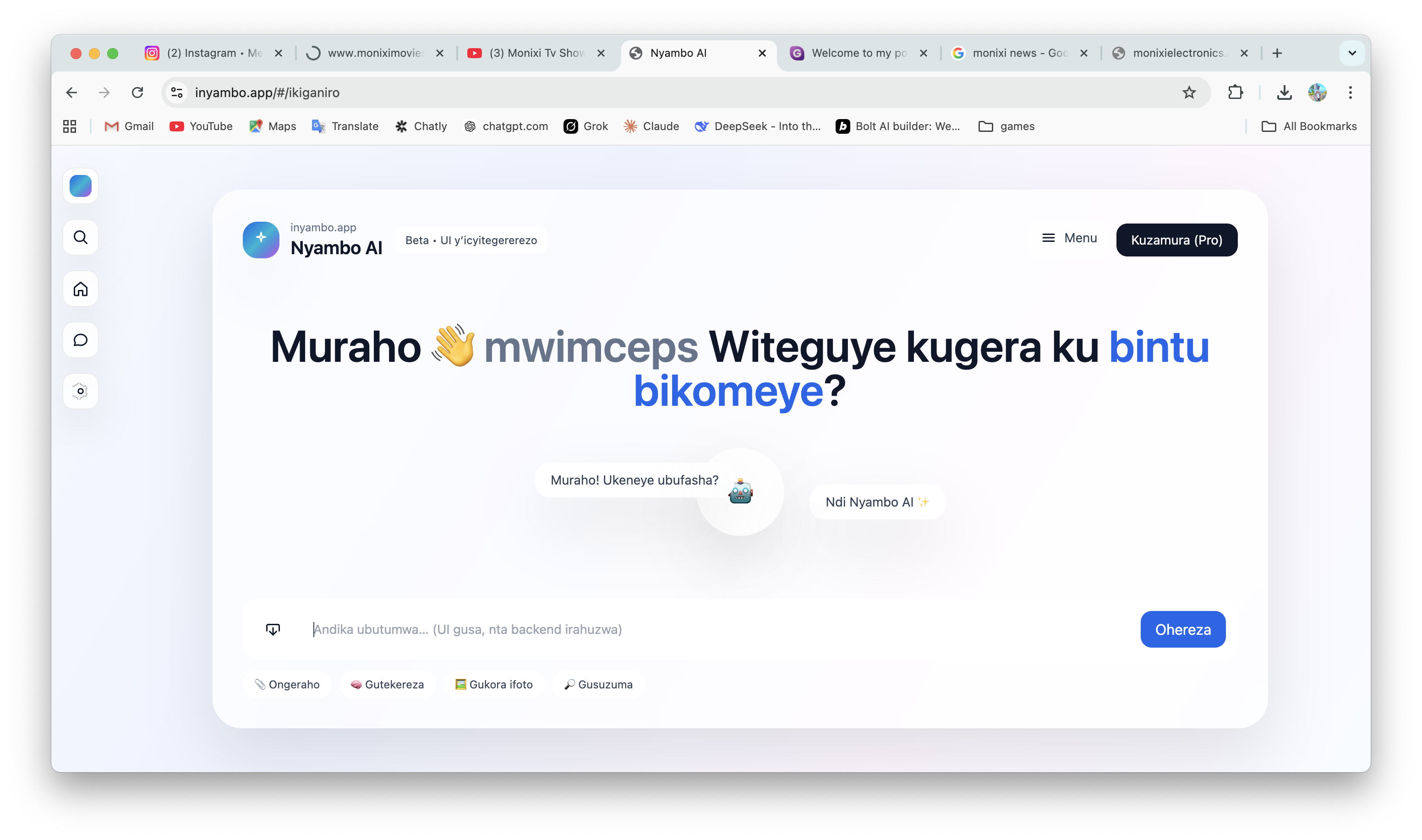 Nyambo AI interface showing language processing capabilities