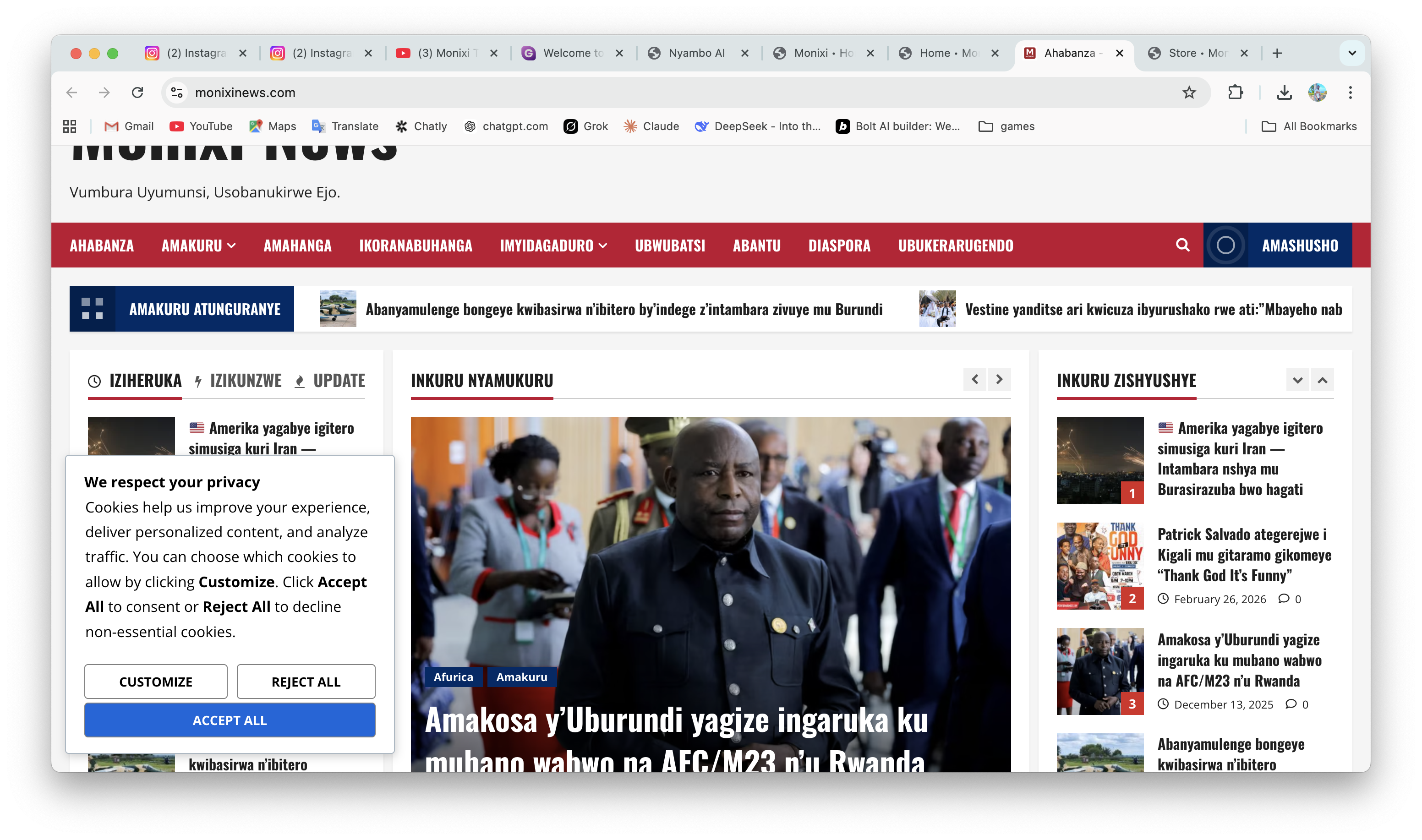 Monixi News dashboard interface showing latest headlines